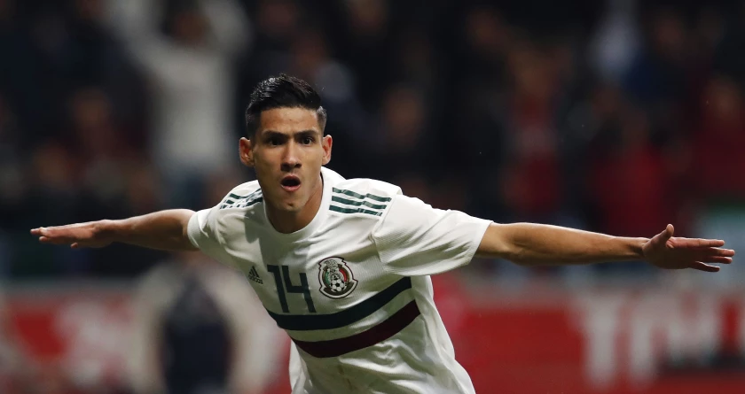 Uriel Antuna festeja tras anotar un gol para México en el partido ante Bermudas por la Liga de las Naciones de la CONCACAF, el martes 19 de noviembre de 2019. (Eduardo Verdugo/AP)