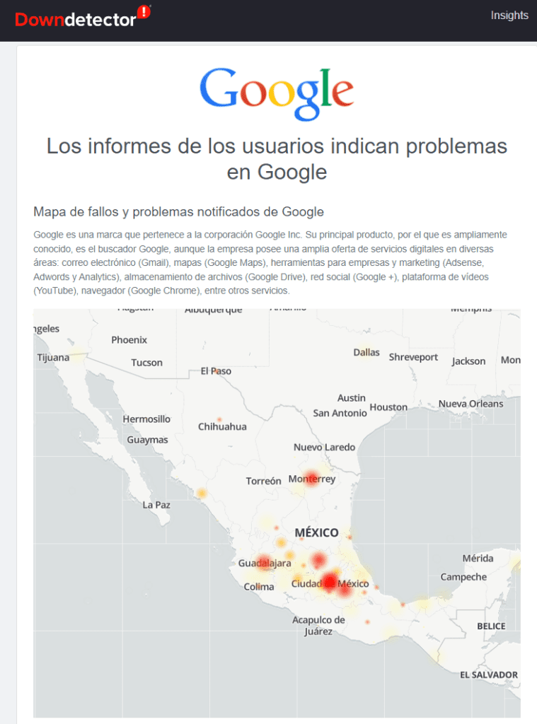 Mapa de reportes de fallas de Google de DownDetector Mx