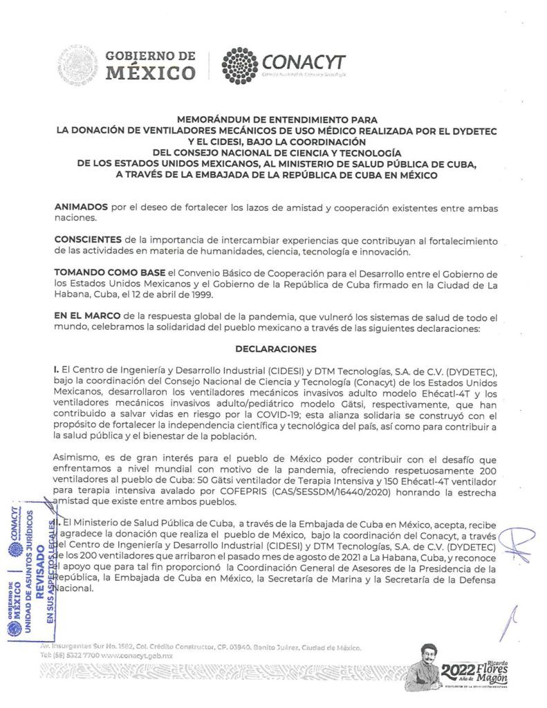 En el más reciente documento entregado por Conacyt la firma es de apenas el 12 de mayo pasado. Uno de los que aparecen en las rúbricas es el embajador cubano Marcos Rodríguez Costa, quien entró en funciones en diciembre de 2021, cuatro meses después del envío de los equipos.